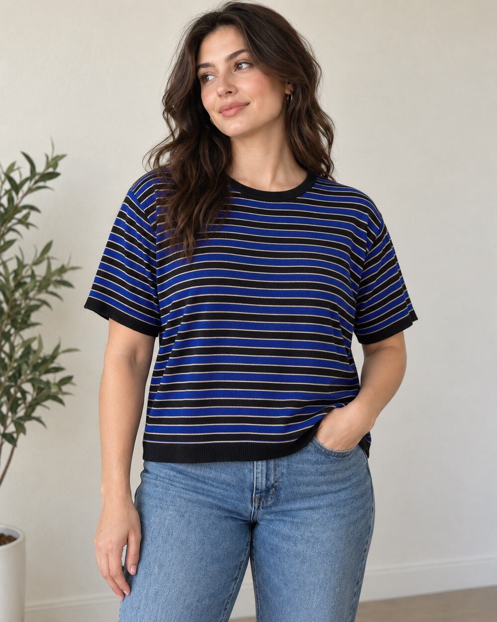 Vintage Norton Studio Blue Black Striped Knit Top Size L